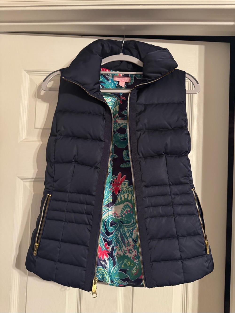 Lilly Pulitzer Navy Quilted Puffer Vest with Floral Lining